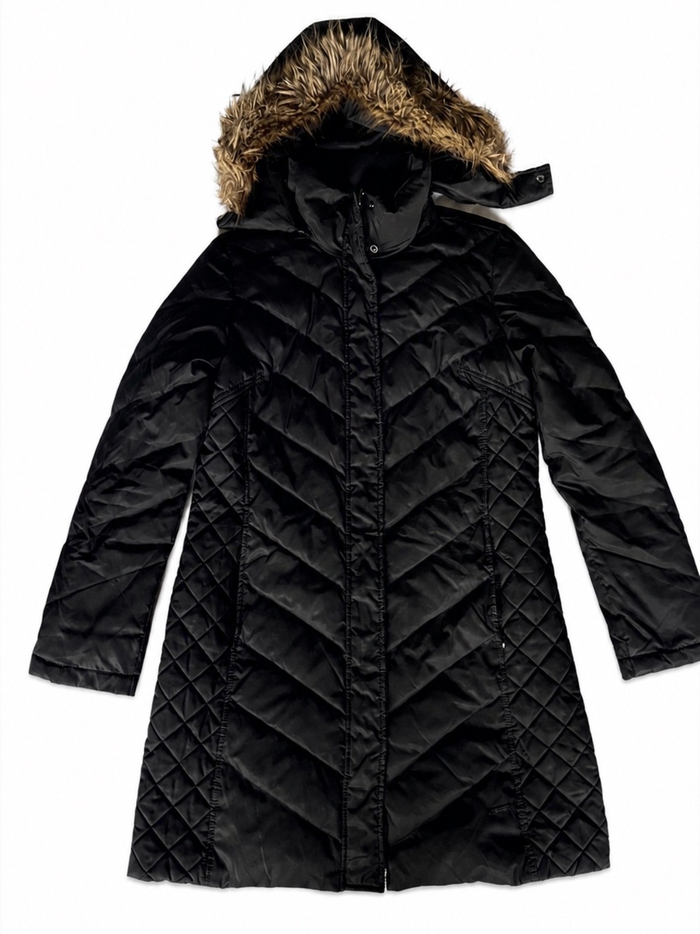 Kenneth Cole Black Quilted Hooded Puffer Coat with Faux Fur Trim